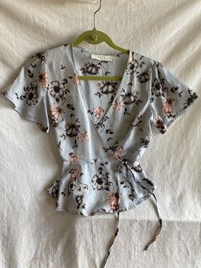 Astr Light Blue Floral Wrap Blouse with Tie Waist